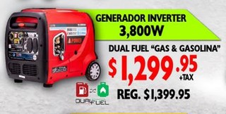 Generador Inverter 3,800 W Dual Fuel ''Gas & Gasolina''