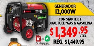 Generador 12,000W Con Starter y Dual fuel ''Gas & Gasoline''