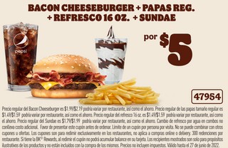 Bacon Cheeseburger + Paps Reg. + Refresco 16 oz + Sundae