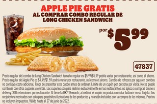 Apple Pie Gratis Al Comprar Combo Regular de Long Chicken Sandiwch