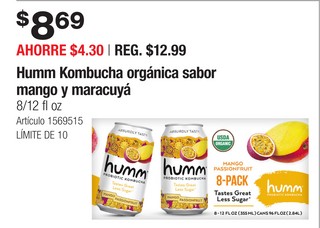 Humm Kombucha orgánica sabor mango y maracuyá
