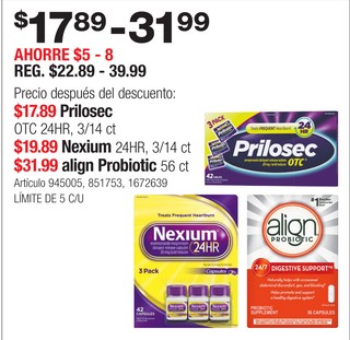 Prilosec OTC 24HR, Nexium 24HR, align Probiotic