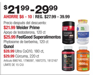 Weider Prime Apoyo de testosterona, FeelGood Superalimentos Phytosome de berberina, Qunol Ultra CoQ10,  Cúrcuma