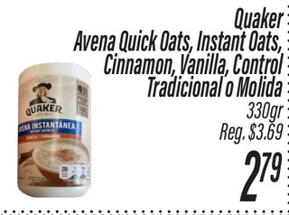 Quaker Avena Quick Oats, Instant Oats, Cinnamon, Vainilla, Control Tradicional o Molida