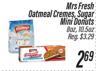Mrs. Fresh Oatmeal Cremes, Sugar Mini Donuts