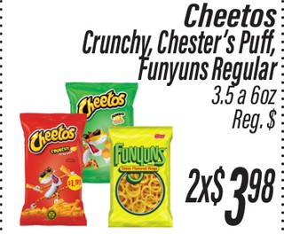Cheetos Crunchy, Chester's Puff, Funyuns Regular