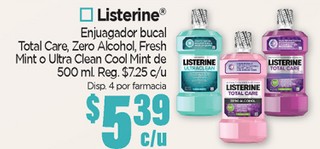 Listerine Enjuagador Bucal Total Care, ZeroAlcohol, Fresh MInt o Ultra Clean Cool Mint de 500 ml