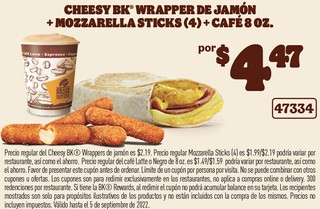 Cheesy BK Wrapper de Jamón + Mozzarella Sticks (4) + Café 8 oz