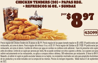Chicken Tenders (20) + Papas Reg. + Refrescos 16 oz + Sundae
