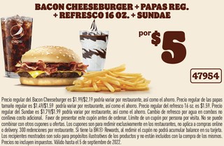 Bacon Cheeseburger + Papas Reg. + Refresco 16 oz + Sundae
