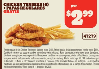Chicken Tenders (6)+Papas Regulares Gratis