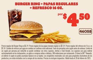 Burger King+Papas Regulares+ Refresco 16 oz