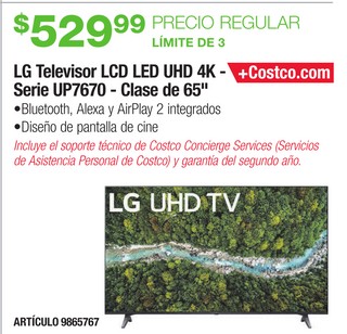 LG Televisión LCD LED UHD 4k- Serie UP7670- Clase de 65''